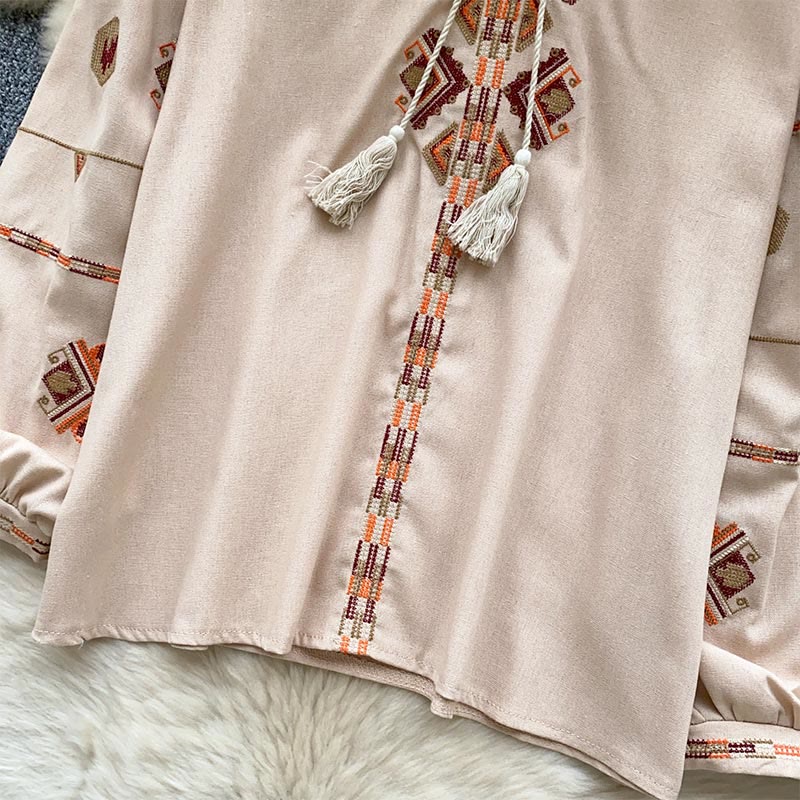 Olivenorma Ethnic Style Embroidery Lantern Sleeve Women's Shirt - image 11
