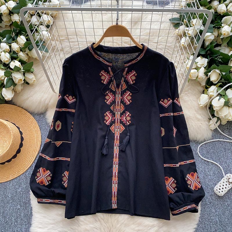 Olivenorma Ethnic Style Embroidery Lantern Sleeve Women's Shirt - Black - One Size Fits All - image 12