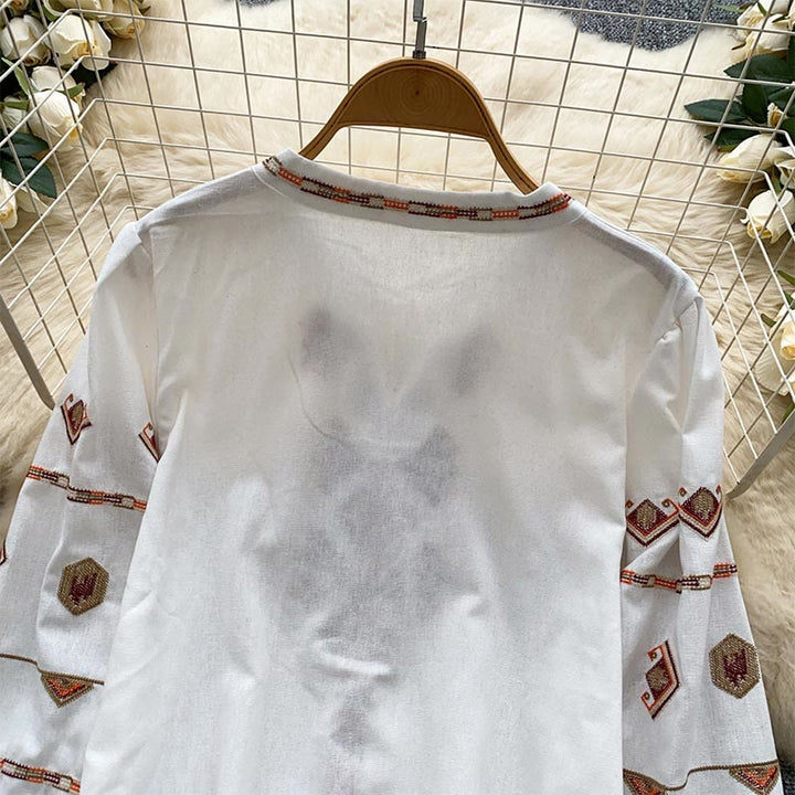 Olivenorma Ethnic Style Embroidery Lantern Sleeve Women's Shirt - image 3