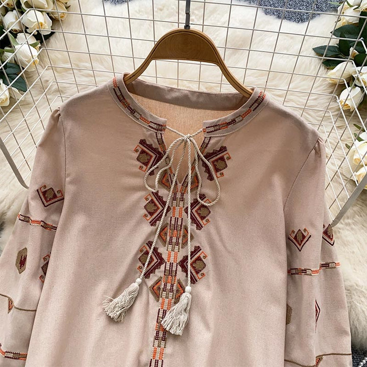 Olivenorma Ethnic Style Embroidery Lantern Sleeve Women's Shirt - image 9