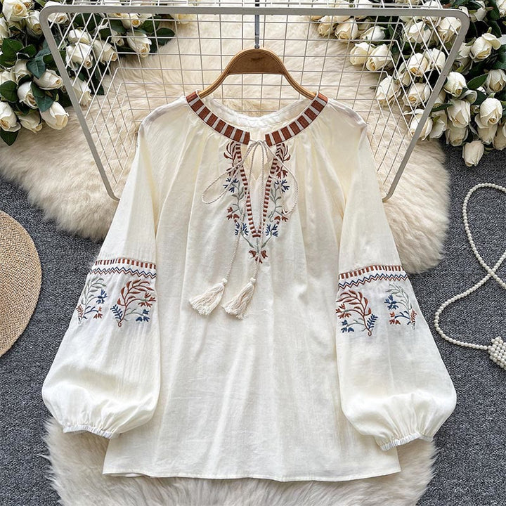 Olivenorma Literary Fresh Retro Embroidery Women's Shirt - Off-White - image 2