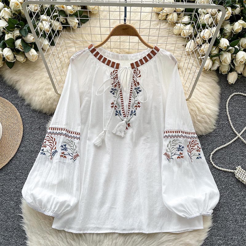 Olivenorma Literary Fresh Retro Embroidery Women's Shirt - White - image 0