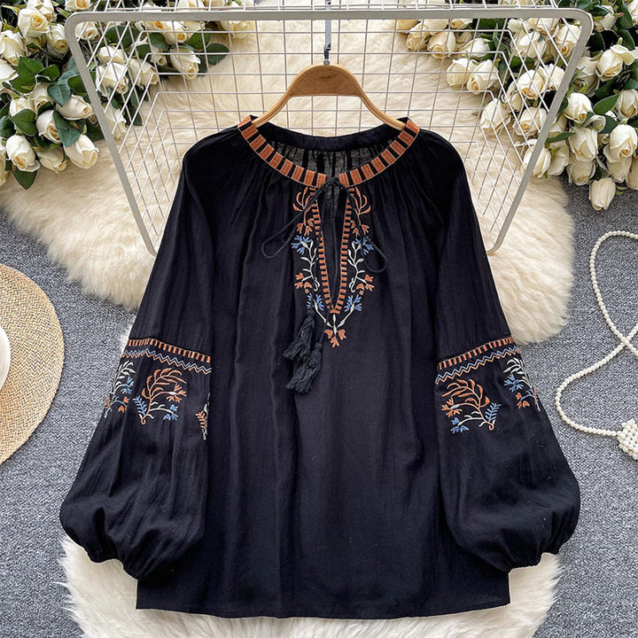 Olivenorma Literary Fresh Retro Embroidery Women's Shirt - Black - image 7