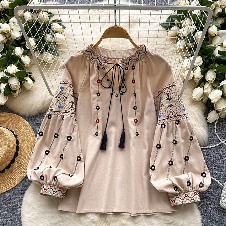 Olivenorma Vintage Flowers Embroidery Lantern Sleeve Women's Shirt - Apricot - One Size Fits All - image 4