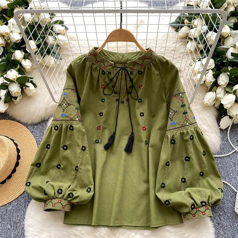 Olivenorma Vintage Flowers Embroidery Lantern Sleeve Women's Shirt - Green - One Size Fits All - image 0