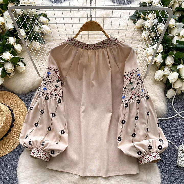 Olivenorma Vintage Flowers Embroidery Lantern Sleeve Women's Shirt - image 5