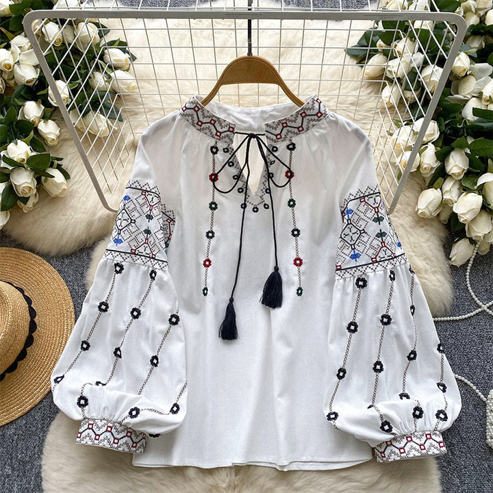 Olivenorma Vintage Flowers Embroidery Lantern Sleeve Women's Shirt - White - One Size Fits All - image 10