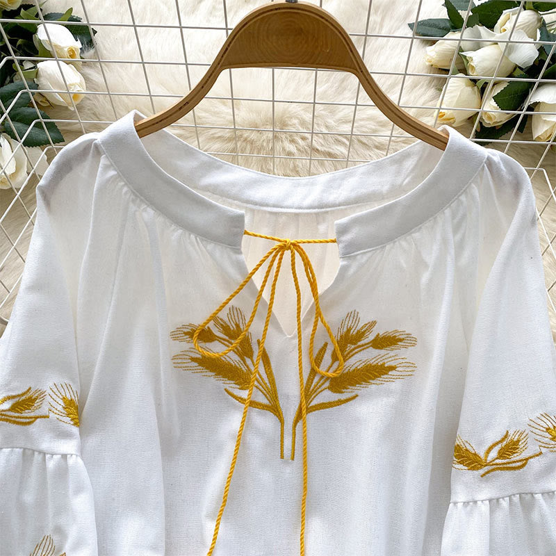Olivenorma Golden Wheat Ear Embroidery Women's Shirt - image 18