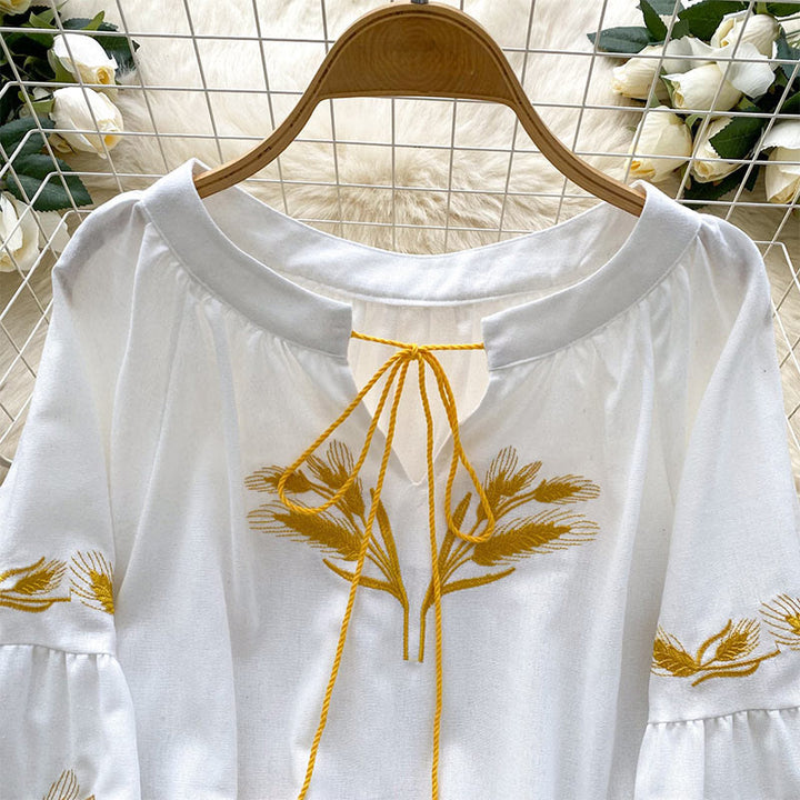 Olivenorma Golden Wheat Ear Embroidery Women's Shirt - image 18