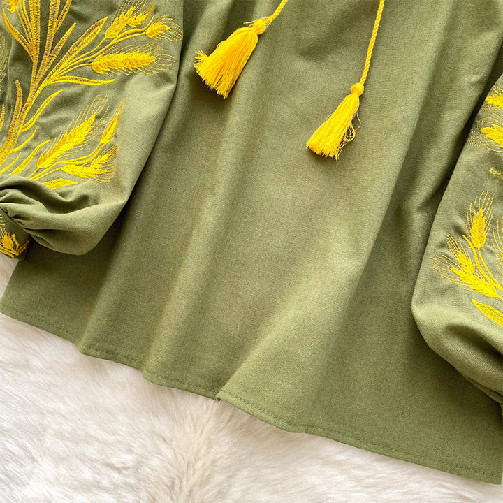 Olivenorma Golden Wheat Ear Embroidery Women's Shirt - image 3