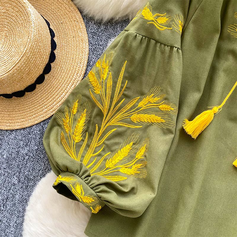 Olivenorma Golden Wheat Ear Embroidery Women's Shirt - image 2