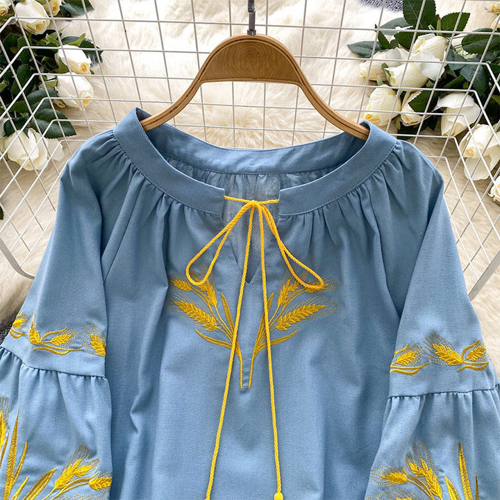 Olivenorma Golden Wheat Ear Embroidery Women's Shirt - image 5