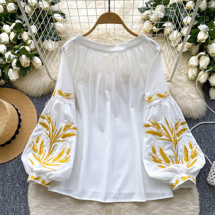 Olivenorma Golden Wheat Ear Embroidery Women's Shirt - image 17