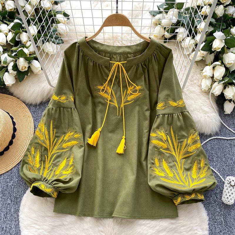 Olivenorma Golden Wheat Ear Embroidery Women's Shirt - Green - One Size Fits All - image 0