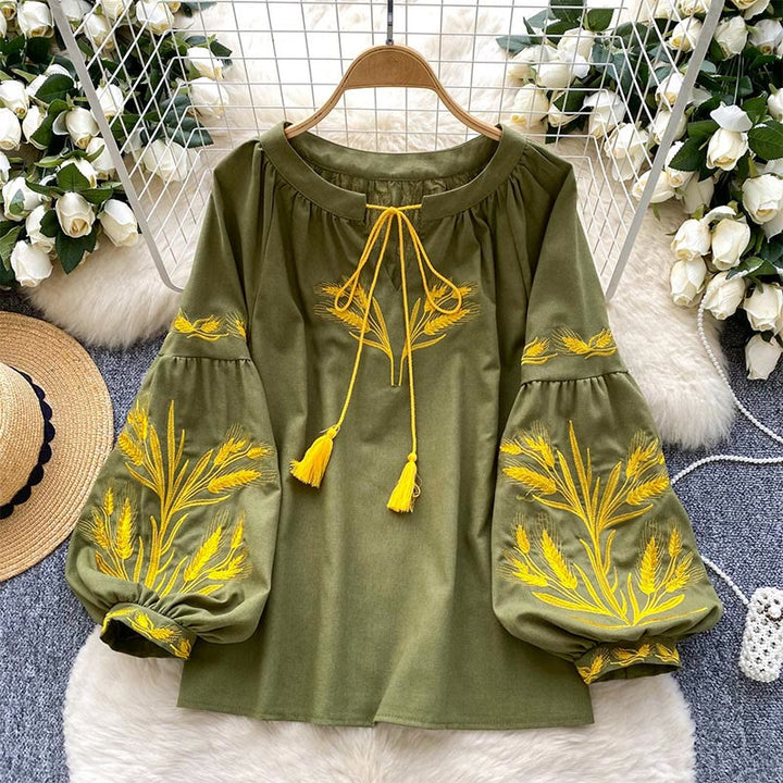 Olivenorma Golden Wheat Ear Embroidery Women's Shirt - Green - One Size Fits All - image 0