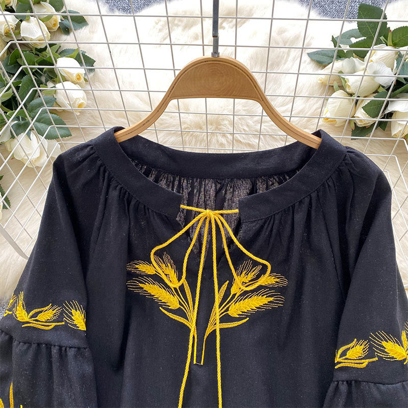Olivenorma Golden Wheat Ear Embroidery Women's Shirt - image 9