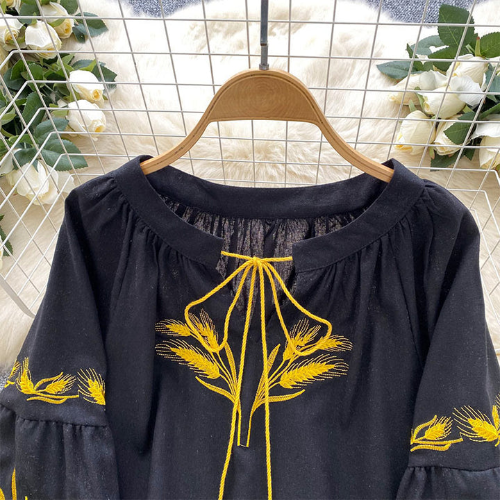 Olivenorma Golden Wheat Ear Embroidery Women's Shirt - image 9