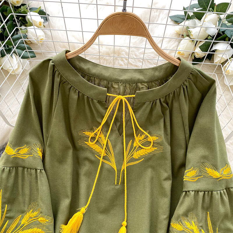 Olivenorma Golden Wheat Ear Embroidery Women's Shirt - image 1