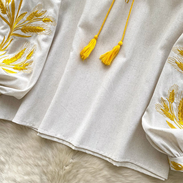 Olivenorma Golden Wheat Ear Embroidery Women's Shirt - image 15