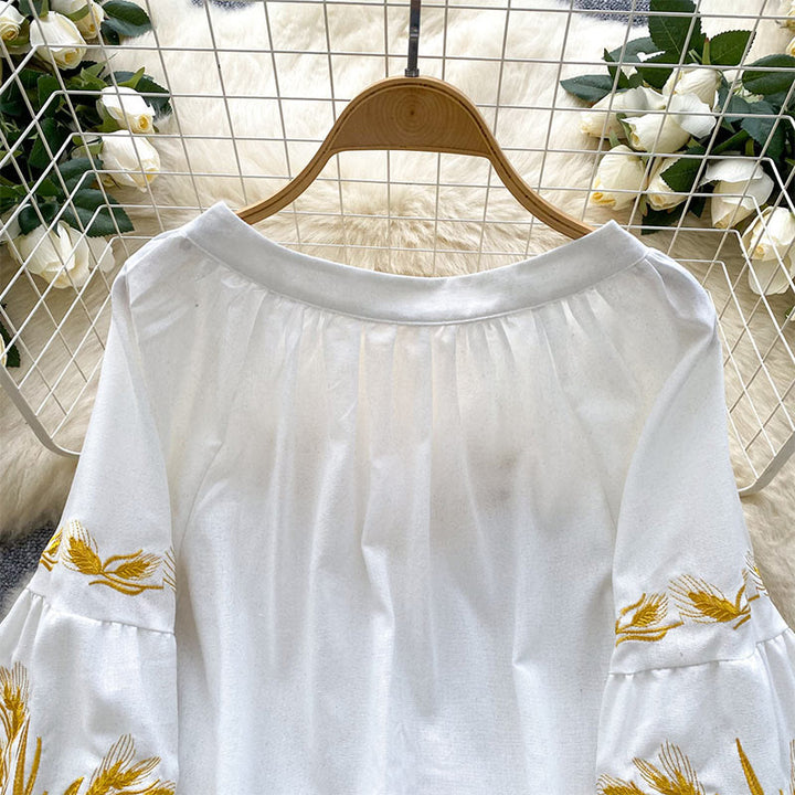 Olivenorma Golden Wheat Ear Embroidery Women's Shirt - image 19