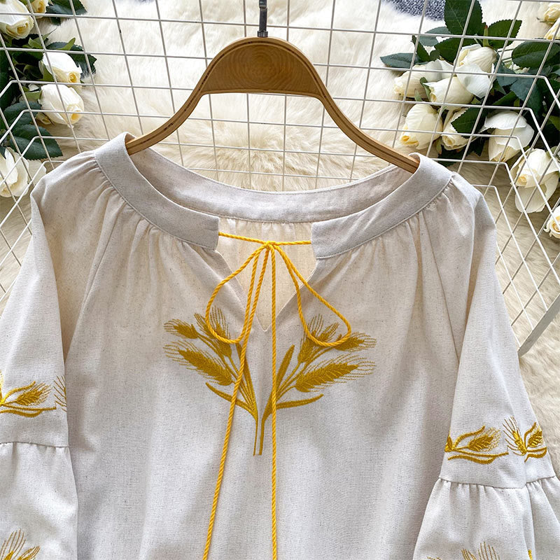 Olivenorma Golden Wheat Ear Embroidery Women's Shirt - image 13