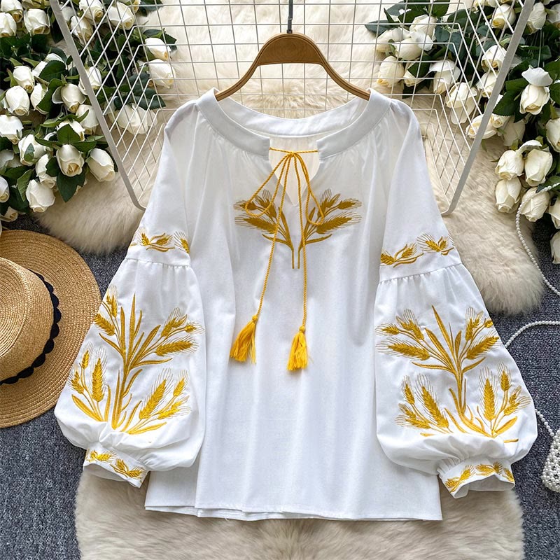 Olivenorma Golden Wheat Ear Embroidery Women's Shirt - White - One Size Fits All - image 16