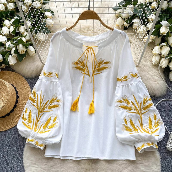 Olivenorma Golden Wheat Ear Embroidery Women's Shirt - White - One Size Fits All - image 16