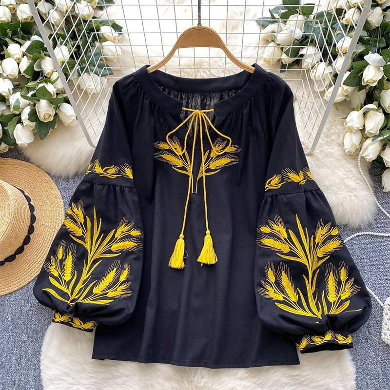 Olivenorma Golden Wheat Ear Embroidery Women's Shirt - Black - One Size Fits All - image 8