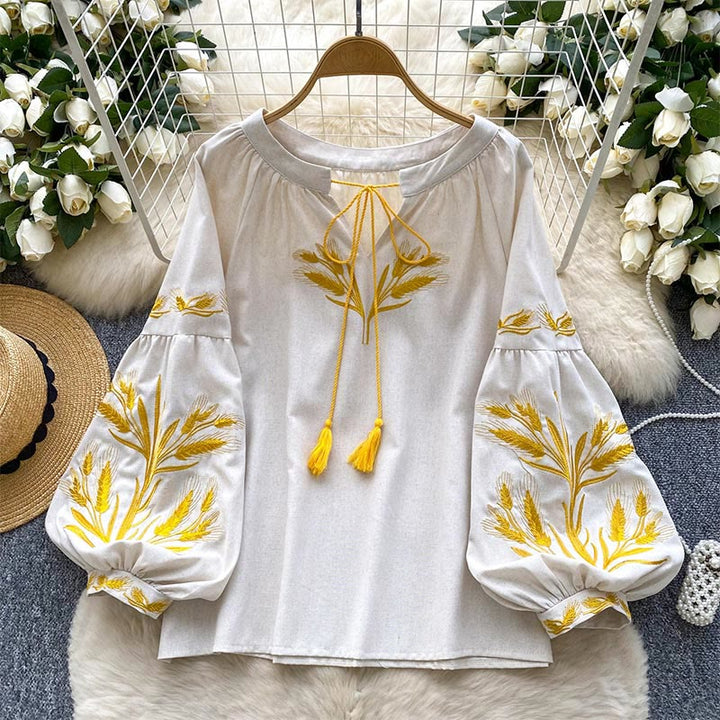 Olivenorma Golden Wheat Ear Embroidery Women's Shirt - Apricot - One Size Fits All - image 12