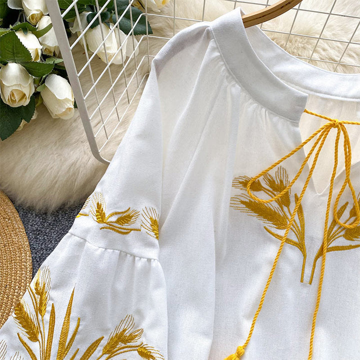 Olivenorma Golden Wheat Ear Embroidery Women's Shirt - image 24