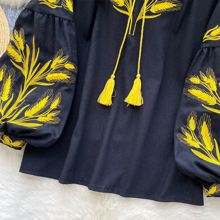 Olivenorma Golden Wheat Ear Embroidery Women's Shirt - image 11