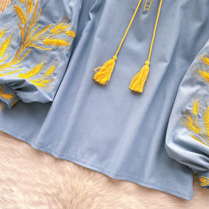 Olivenorma Golden Wheat Ear Embroidery Women's Shirt - image 7