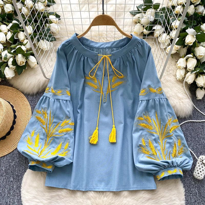Olivenorma Golden Wheat Ear Embroidery Women's Shirt - Blue - One Size Fits All - image 4