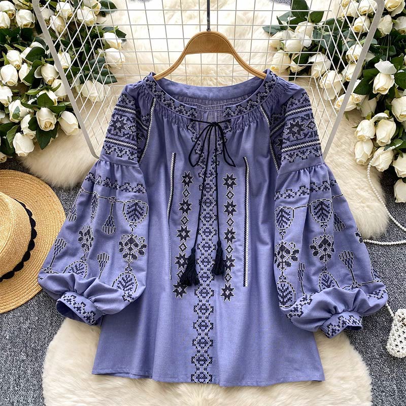 Olivenorma Boho Style Democratic Embroidery Women's Shirt - Purple - One Size Fits All - image 0