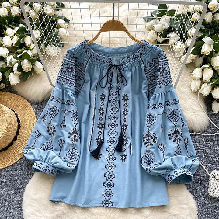 Olivenorma Boho Style Democratic Embroidery Women's Shirt - Blue - One Size Fits All - image 4