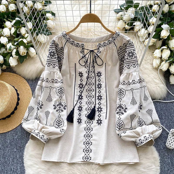 Olivenorma Boho Style Democratic Embroidery Women's Shirt - Apricot - One Size Fits All - image 12