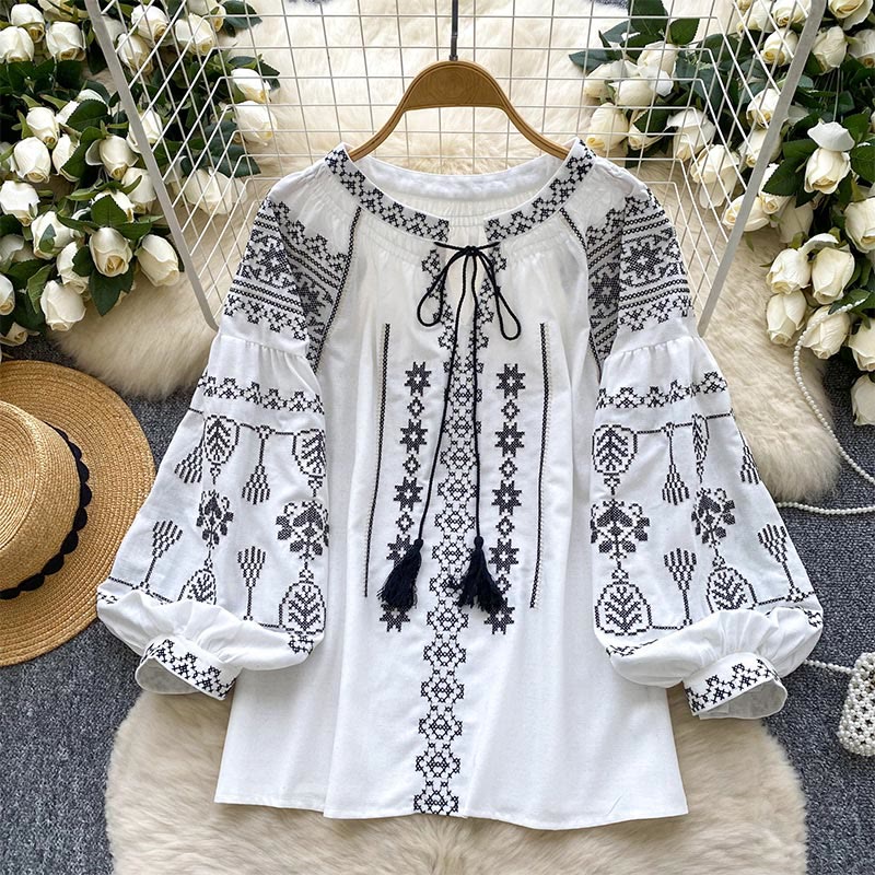 Olivenorma Boho Style Democratic Embroidery Women's Shirt - White - One Size Fits All - image 16