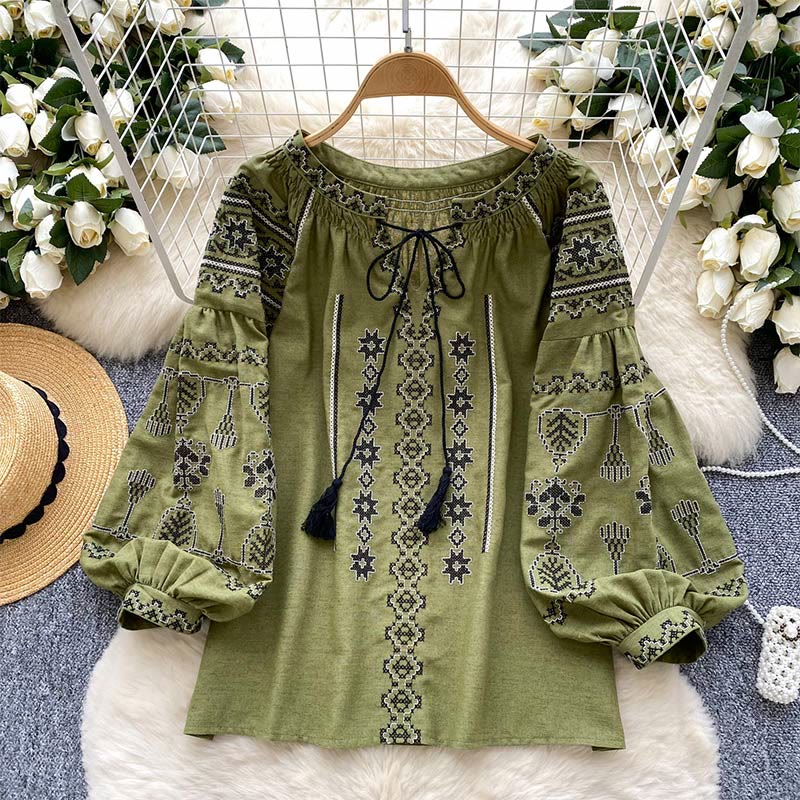 Olivenorma Boho Style Democratic Embroidery Women's Shirt - Green - One Size Fits All - image 8