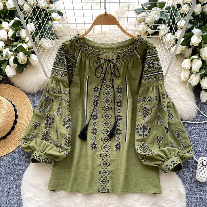 Olivenorma Boho Style Democratic Embroidery Women's Shirt - Green - One Size Fits All - image 8