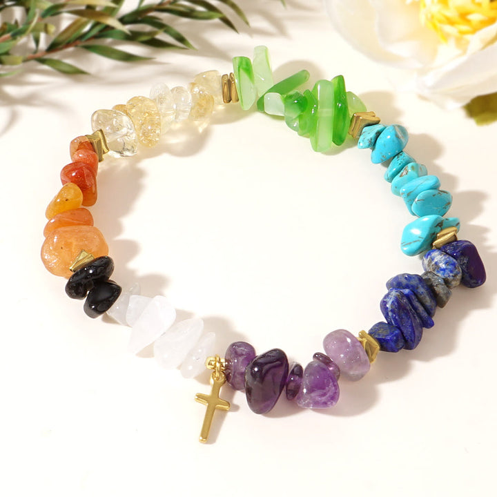 Olivenorma Healing Crystal Rainbow Gravel Cross Stretch Bracelet - Cross Bracelet - image 1