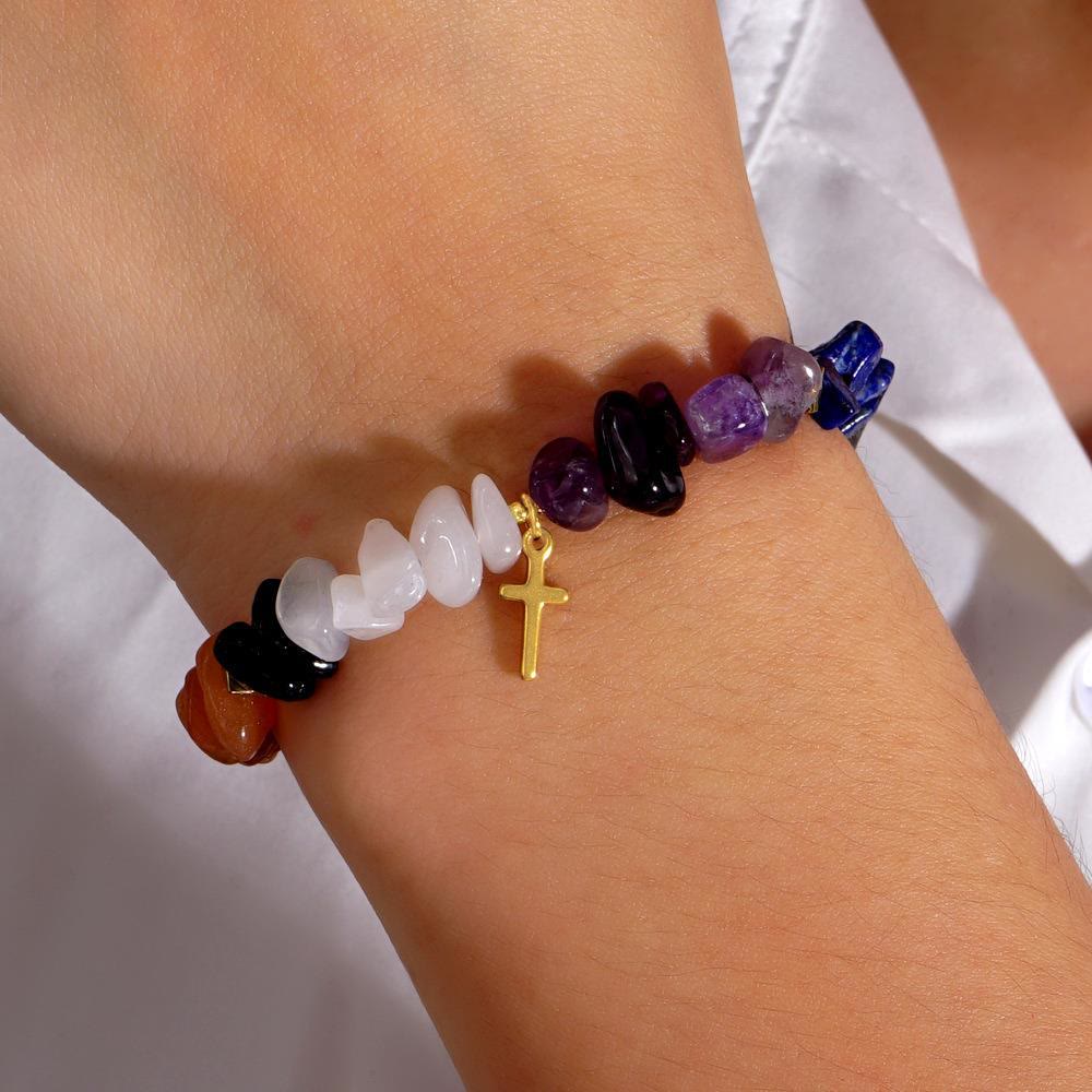 Olivenorma Healing Crystal Rainbow Gravel Cross Stretch Bracelet - image 2