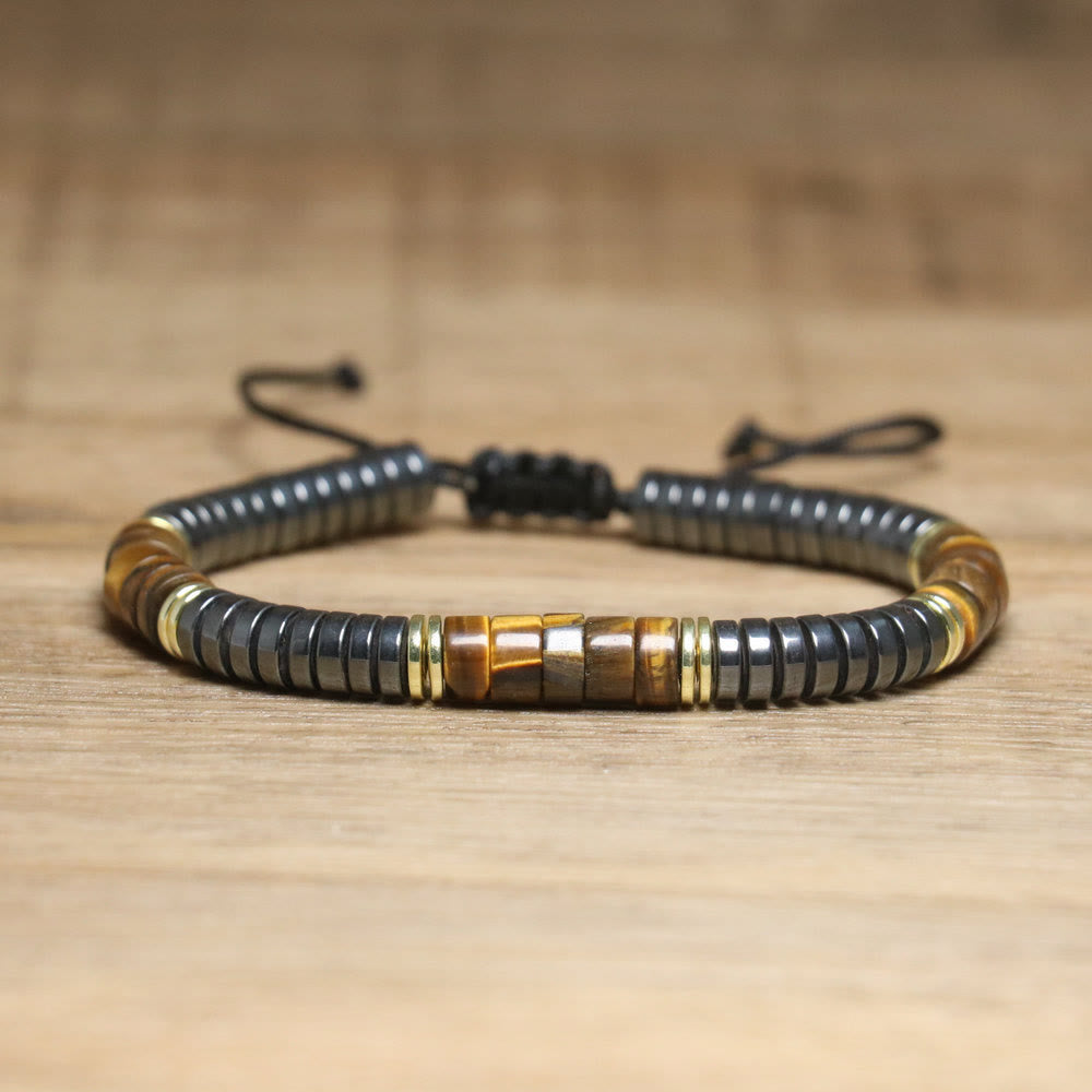 Olivenorma Nautral Crystal Adjustable Beaded Braided Bracelet - Tiger Eye + Hematite - image 1