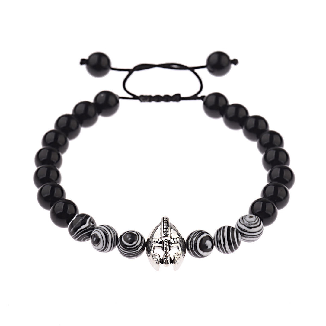 Olivenorma 8mm Adjustable Gemstone Spartan Warrior Helmet Bracelet - Obsidian+Zebra Resin Beads+Silver Helmet - image 23
