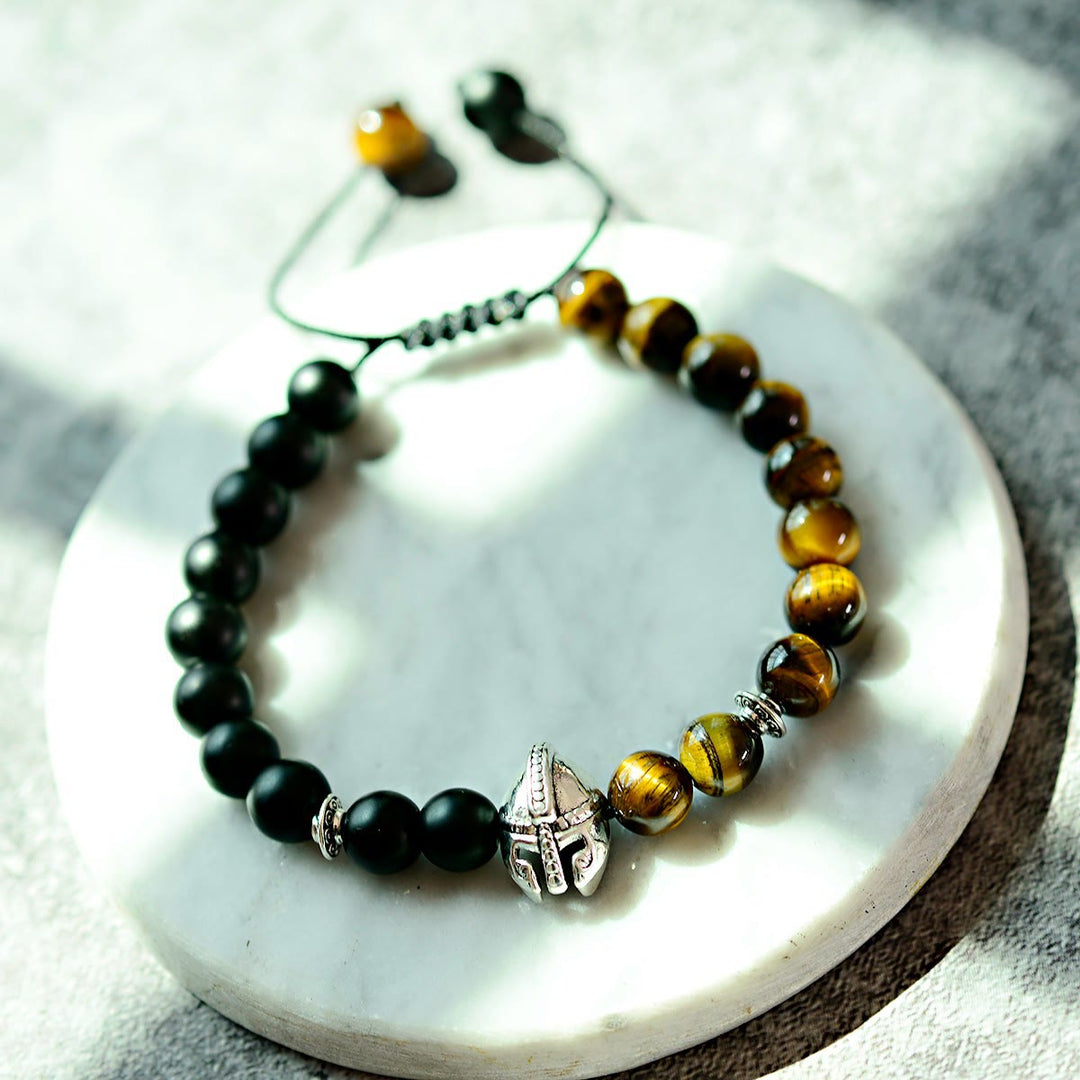 Olivenorma 8mm Adjustable Gemstone Spartan Warrior Helmet Bracelet - Tiger Eye+Black Onyx+Silver Helmet - image 13