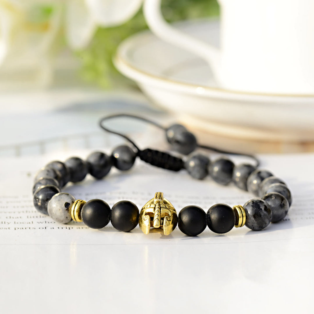 Olivenorma 8mm Adjustable Gemstone Spartan Warrior Helmet Bracelet - Grey Jasper+Black Onyx+Golden Helmet - image 4