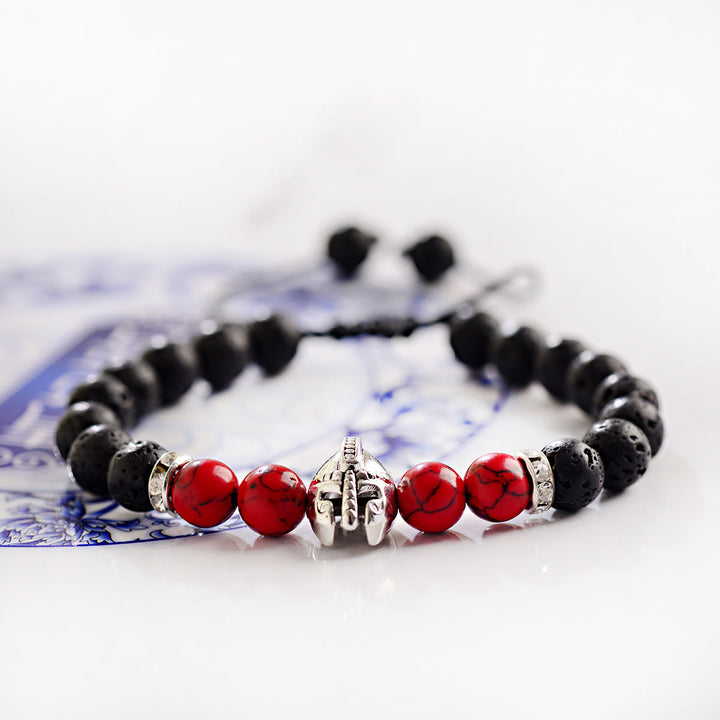 Olivenorma 8mm Adjustable Gemstone Spartan Warrior Helmet Bracelet - Lava Stone+Red Turquoise+Silver Helmet - image 12