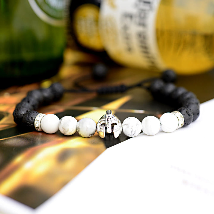 Olivenorma 8mm Adjustable Gemstone Spartan Warrior Helmet Bracelet - Lava Stone+Howlite+Silver Helmet - image 20