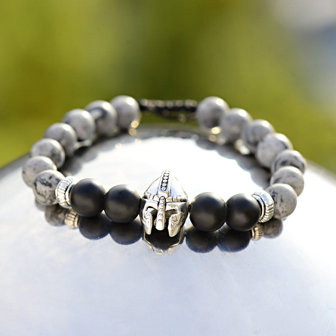 Olivenorma 8mm Adjustable Gemstone Spartan Warrior Helmet Bracelet - Grey Jasper+Black Onyx+Silver Helmet - image 15