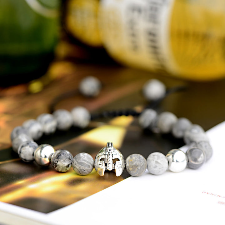 Olivenorma 8mm Adjustable Gemstone Spartan Warrior Helmet Bracelet - Grey Jasper+Silver Helmet - image 17