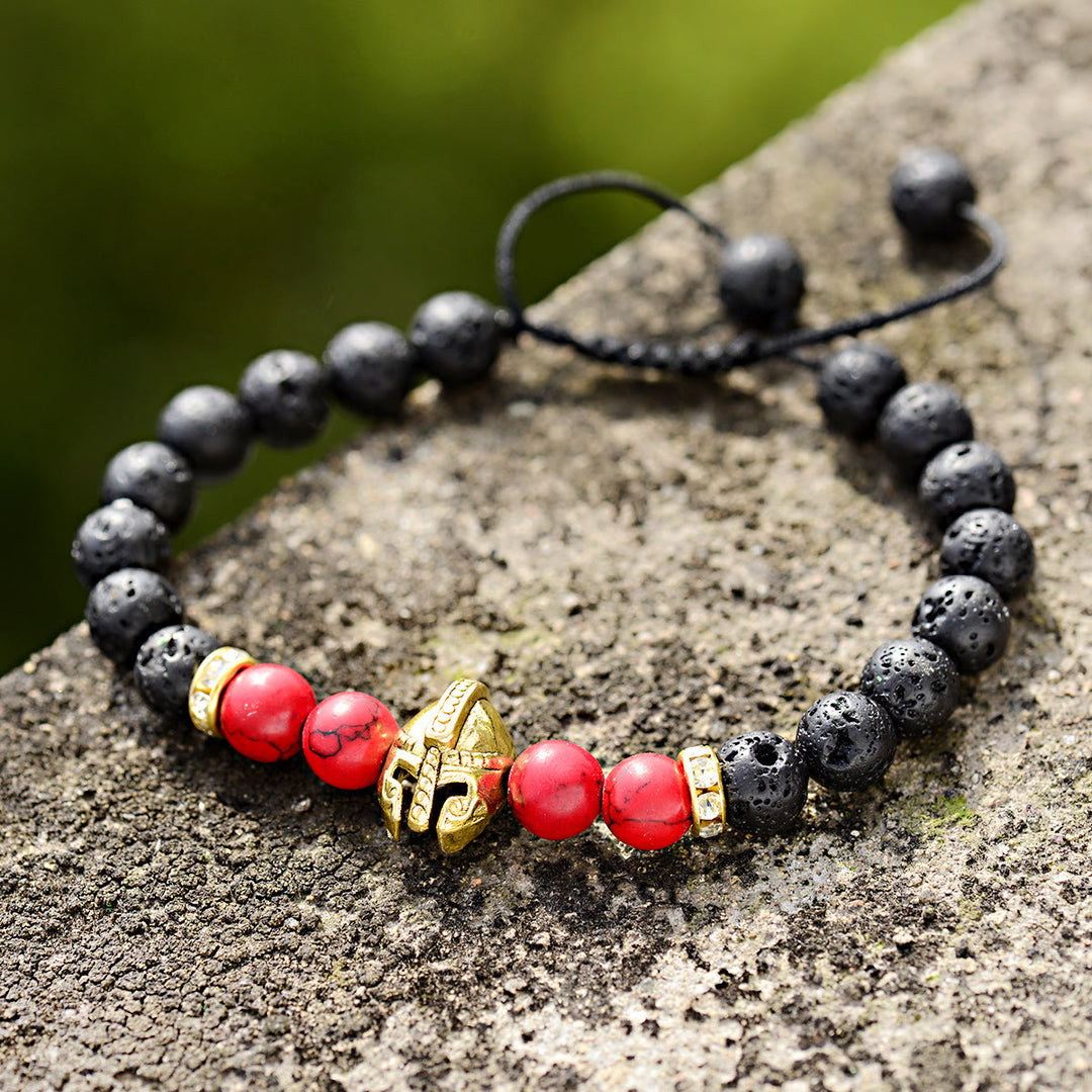 Olivenorma 8mm Adjustable Gemstone Spartan Warrior Helmet Bracelet - Lava Stone+Red Turquoise+Golden Helmet - image 0